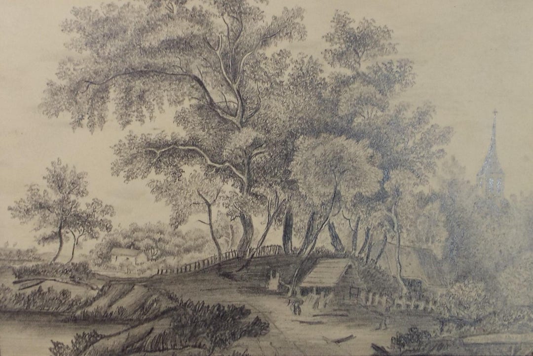 Original Pencil Drawing,'village by the River', Circa 1850 - Etsy