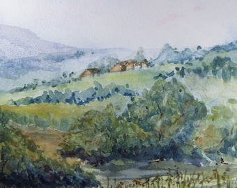 Original Watercolour, 'Green Landscape', c1990's, Artist Unknown