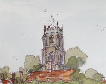 Original Watercolour, 'Church in a Landscape', Circa 1990's, Artist Unknown