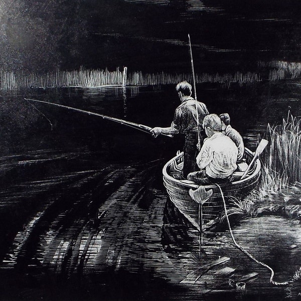 Original Etching on Scraperboard 'Fishing on the Norfolk Broads', Michael A. Bussey, circa 1960's