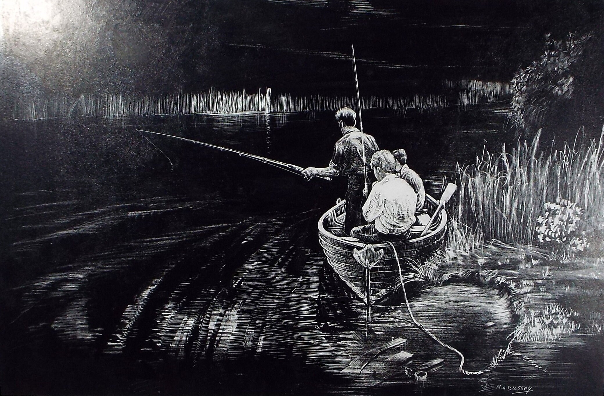 Original Etching on Scraperboard 'fishing on the Norfolk Broads ...