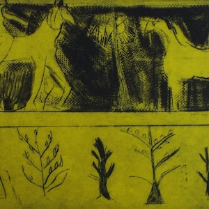 May include: A black and yellow abstract print featuring horses and stylized trees. The upper portion depicts several horses in a dark, sketchy style. The lower section shows various tree-like shapes.