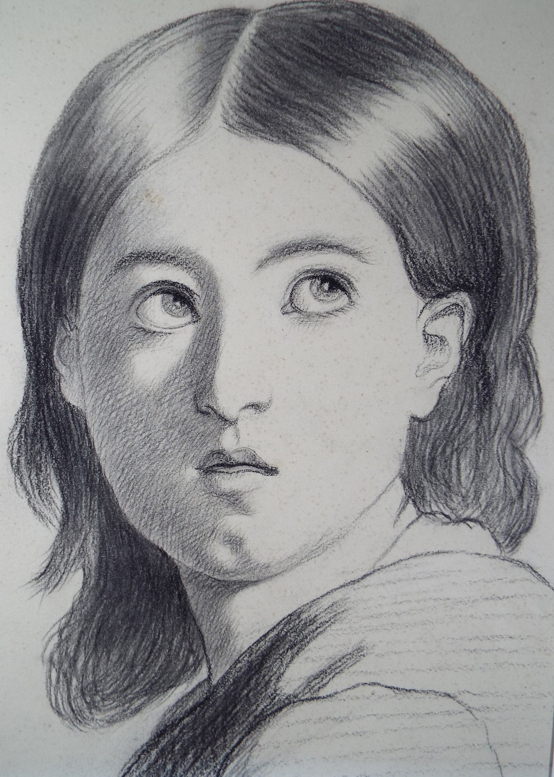アンティーク鉛筆画：E.W.ウィルソン作「少女の習作」（1872年