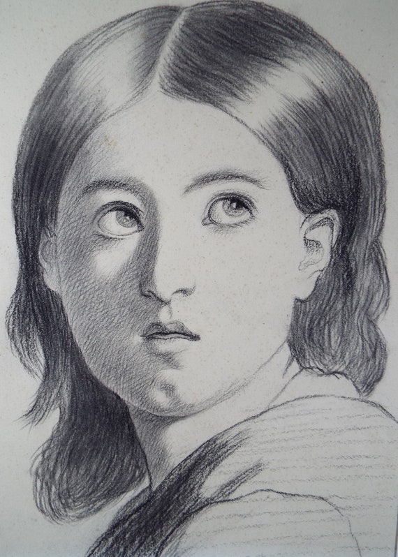 アンティーク鉛筆画：E.W.ウィルソン作「少女の習作」（1872年