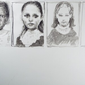 May include: Four black and white ink drawings of people's faces. Each drawing is framed in a black rectangle.