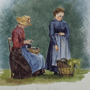 May include: Watercolor painting depicting two women in a field. One woman is seated, wearing a red shirt, blue apron, and straw hat, knitting. The other woman stands nearby in a blue dress. A basket of greenery is on the ground. The painting is signed.