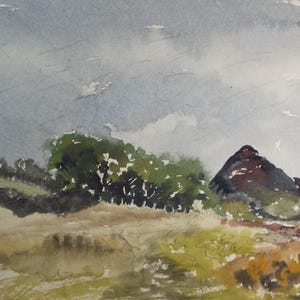 May include: Watercolor painting of a brown hill with green trees in the foreground. The sky is a light blue with white clouds. The text "PIT HEAP AND FIELD NEAR CROSBY, 24.9.25. H.C." is written in the bottom left corner.