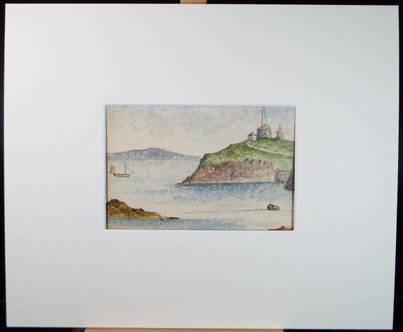 1890 年頃のオリジナル水彩画、「電信局」、作者不明 - 海の風景