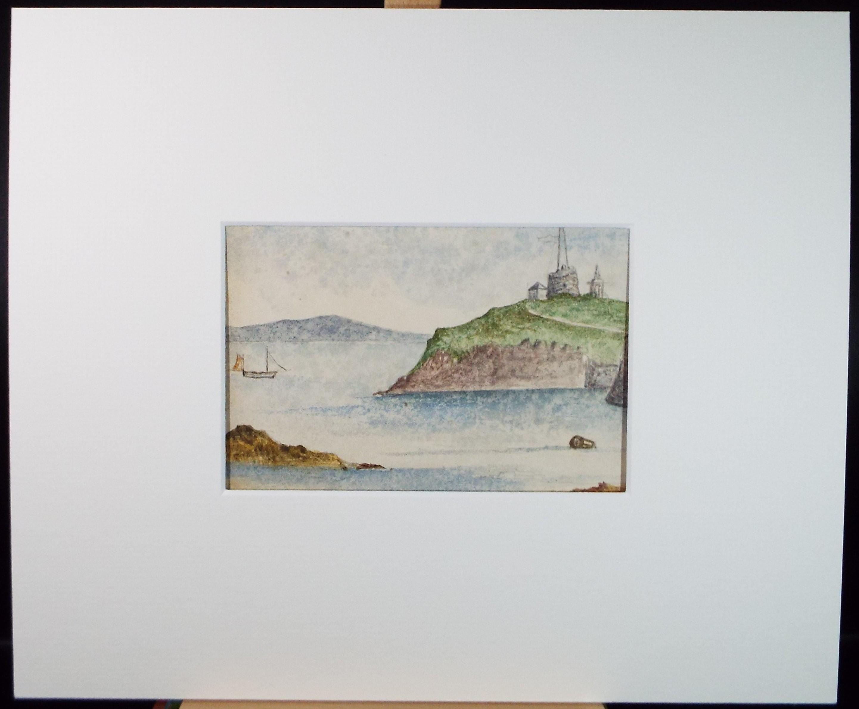 1890 年頃のオリジナル水彩画、「電信局」、作者不明 - 海の風景