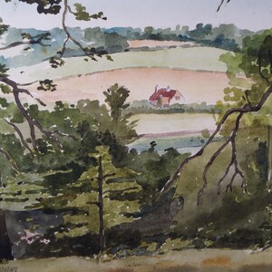 May include: A watercolor painting of a rural landscape with a small house in the distance. The house is painted in shades of red and brown, and is surrounded by green trees and fields. The painting is framed by a thick border of trees, and the sky is a soft blue.