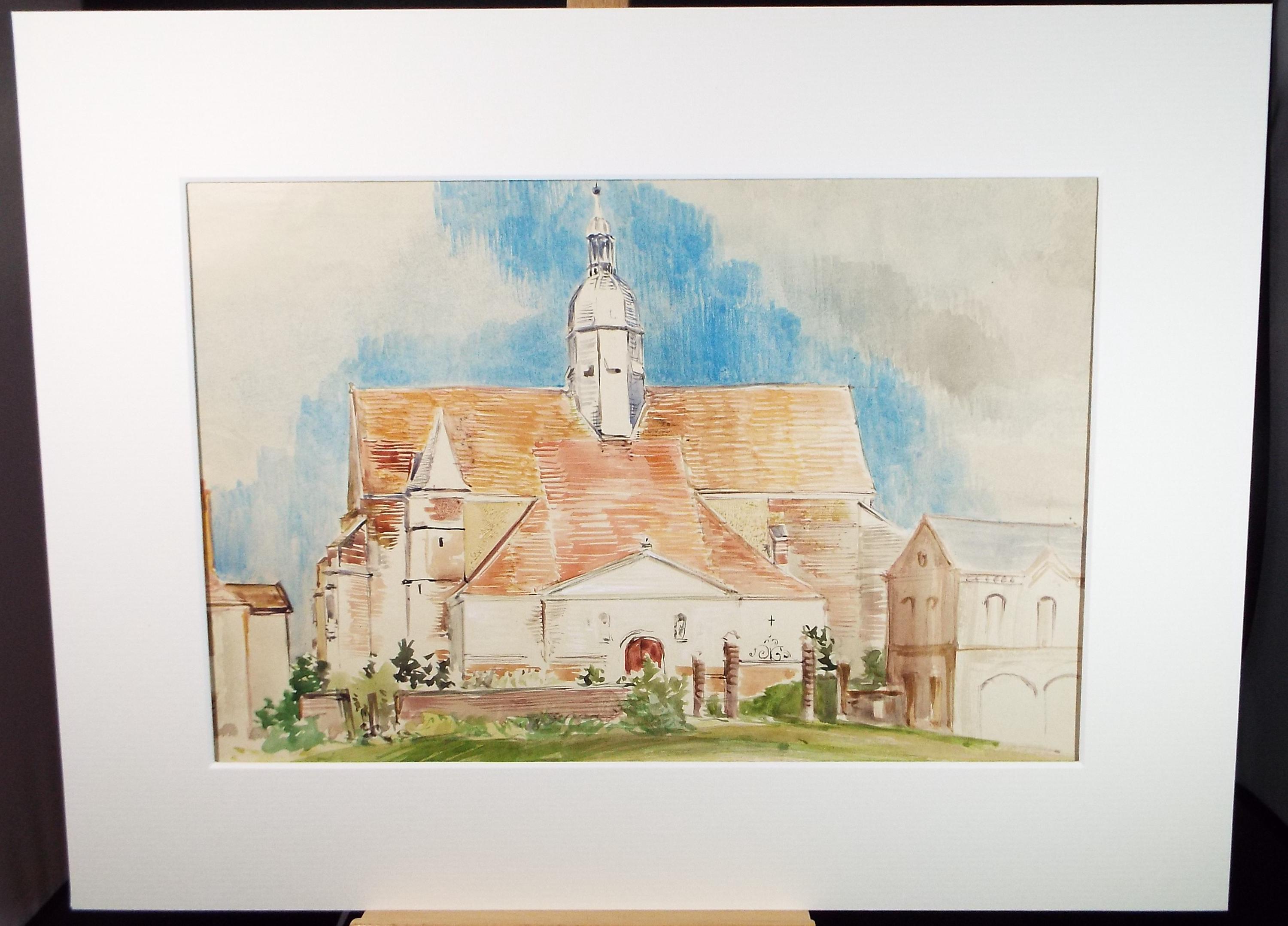 フランス 教会のある通り　 水彩画 Watercolor 水彩画 フランス小さな町1 - town small French Painting 絵画
