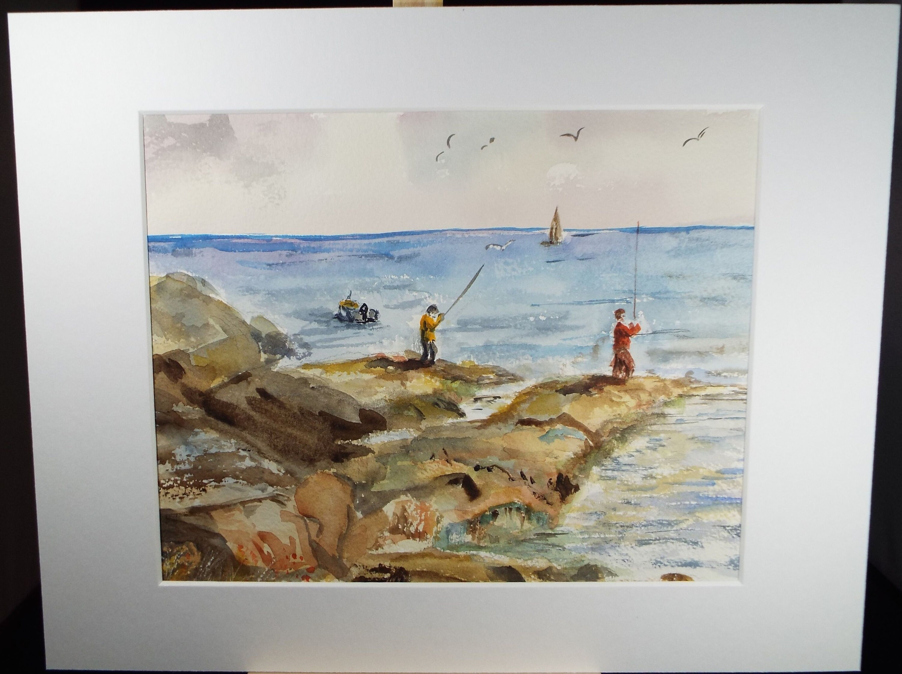 オリジナル水彩画「岩場での釣り」、1990 年代頃、作者不明