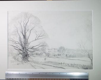 オリジナルの鉛筆画、「リポン大聖堂」、トム・サイクス、1980 年代頃