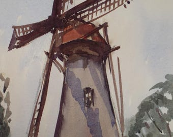 オリジナル水彩画、「オランダの風車」、1920年頃、作者不明 - Etsy 日本