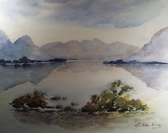 湖水地方の空、湖水地方、湖水地方の絵画、湖水地方の風景、山、水彩
