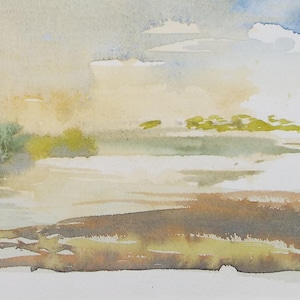 May include: A watercolor painting of a landscape with a light blue sky, white clouds, and a green island in the distance. The foreground is a brown and green field.