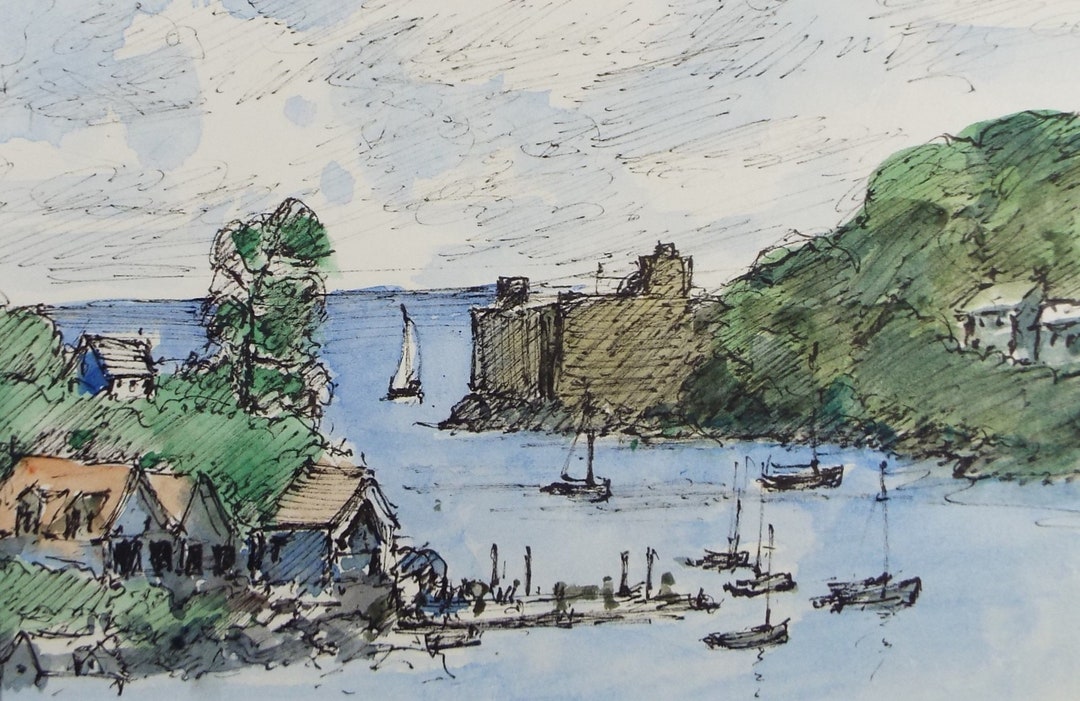 Original Pen & Watercolour Drawing ,'river Estuary', Circa 1980's ...