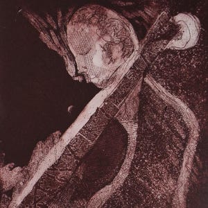 May include: A sepia-toned etching depicts a person with closed eyes, cradling a stringed instrument. The instrument's neck is intricately patterned, contrasting with the softer shading of the figure's face and body. The artwork evokes a sense of introspection.