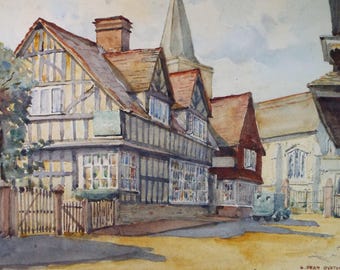 Original Watercolour, 'Half timbered street scene with church', G, Dean Oyston, Circa 1950's