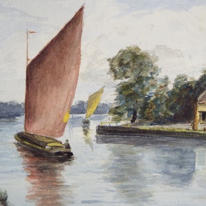 Original Watercolour, &#39;Sailing Barges on the River&#39;, c1910, Unknown Artist