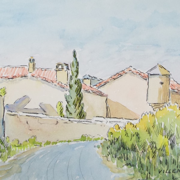 Original Watercolour & ink, 'Villeneuve', Cicely Glyn de Beers (1891-1973), Dated 1962