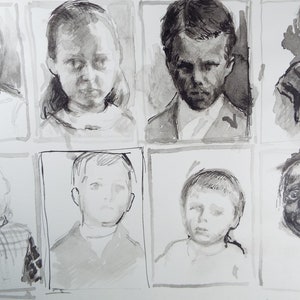 May include: A collection of eight black and white ink drawings of children's faces. The drawings are simple and expressive, capturing the unique features of each child.