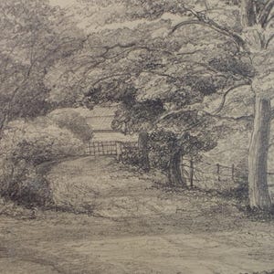 May include: A detailed pencil drawing of a rural landscape. A winding path leads through a wooded area, with trees and foliage on either side. A wooden fence and a building are visible in the distance.