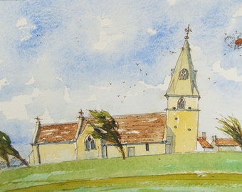 Original Watercolour, 'Church on a Windy day', Circa 1990's, Artist Unknown