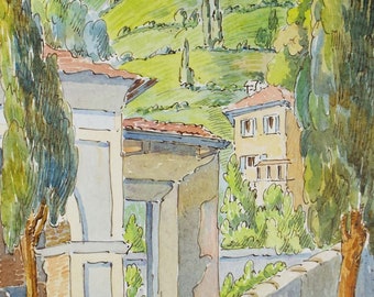 Original Watercolour & Ink , 'Hillside Village', Cicely Glyn de Beers (1891-1973), Dated 1958