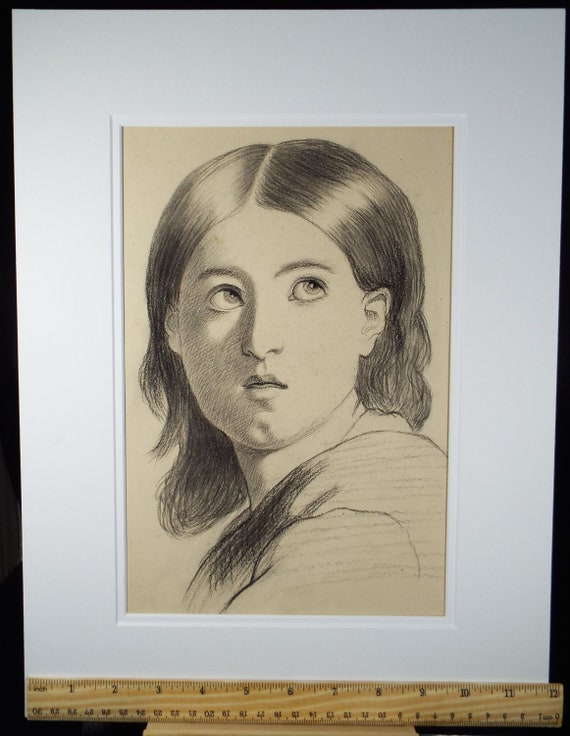 鉛筆画 老女の肖像 アンティーク鉛筆画：E.W.ウィルソン作「少女の習作」（1872年