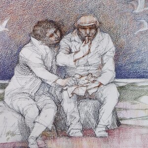 May include: A colored pencil drawing depicts two figures seated outdoors, possibly on a rocky surface. One figure rests their hand on the other's arm. The artwork features a muted color palette with a textured background and stylized birds.