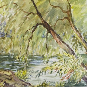 May include: Watercolour painting of a river scene with green trees and a flowing river. The trees have brown trunks and green leaves. The river is a light blue colour and has ripples on the surface.