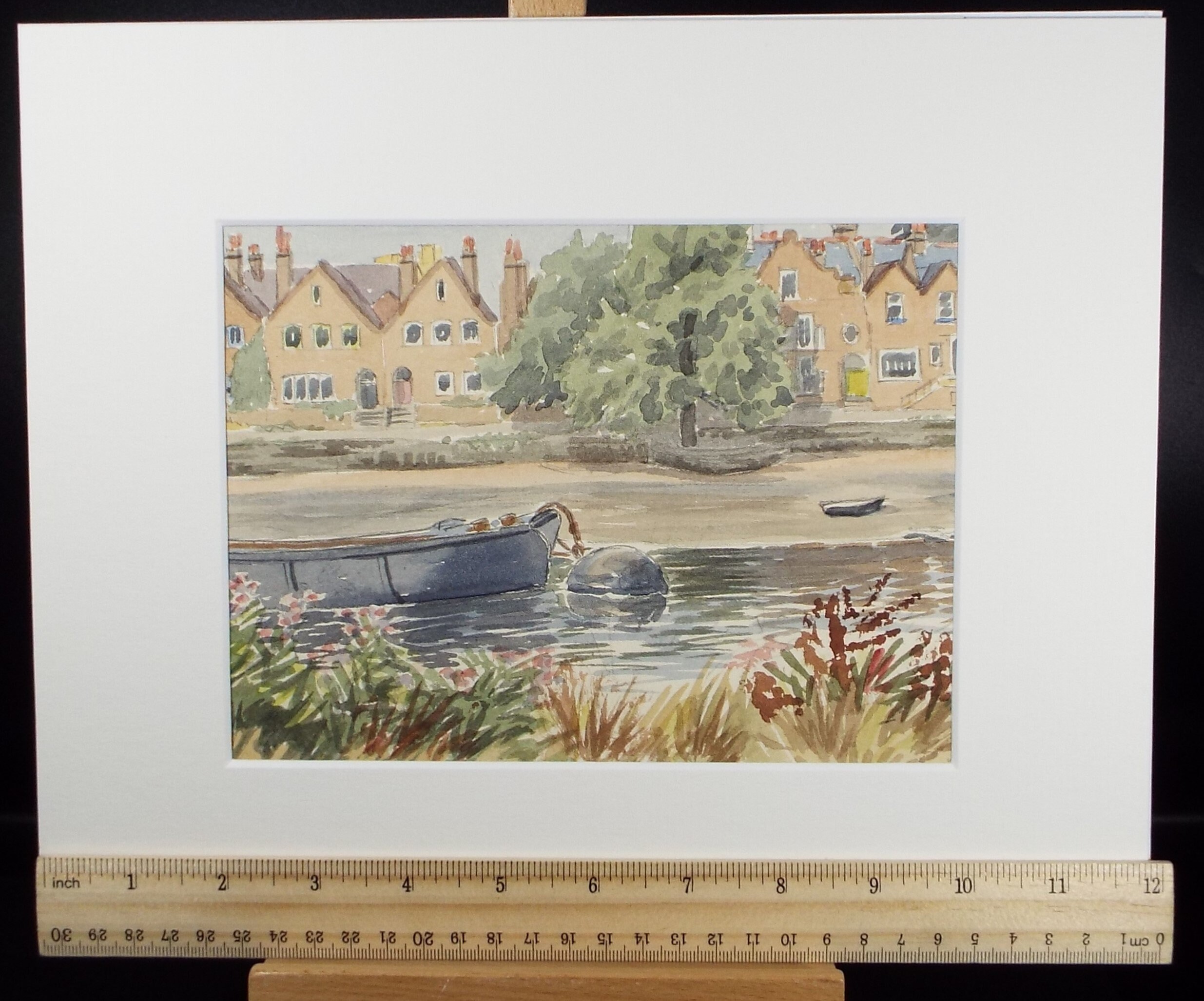 水彩画 「係留船」 オリジナル水彩画「係留中のはしけ、チズウィック」、ジョージ・ゴッド