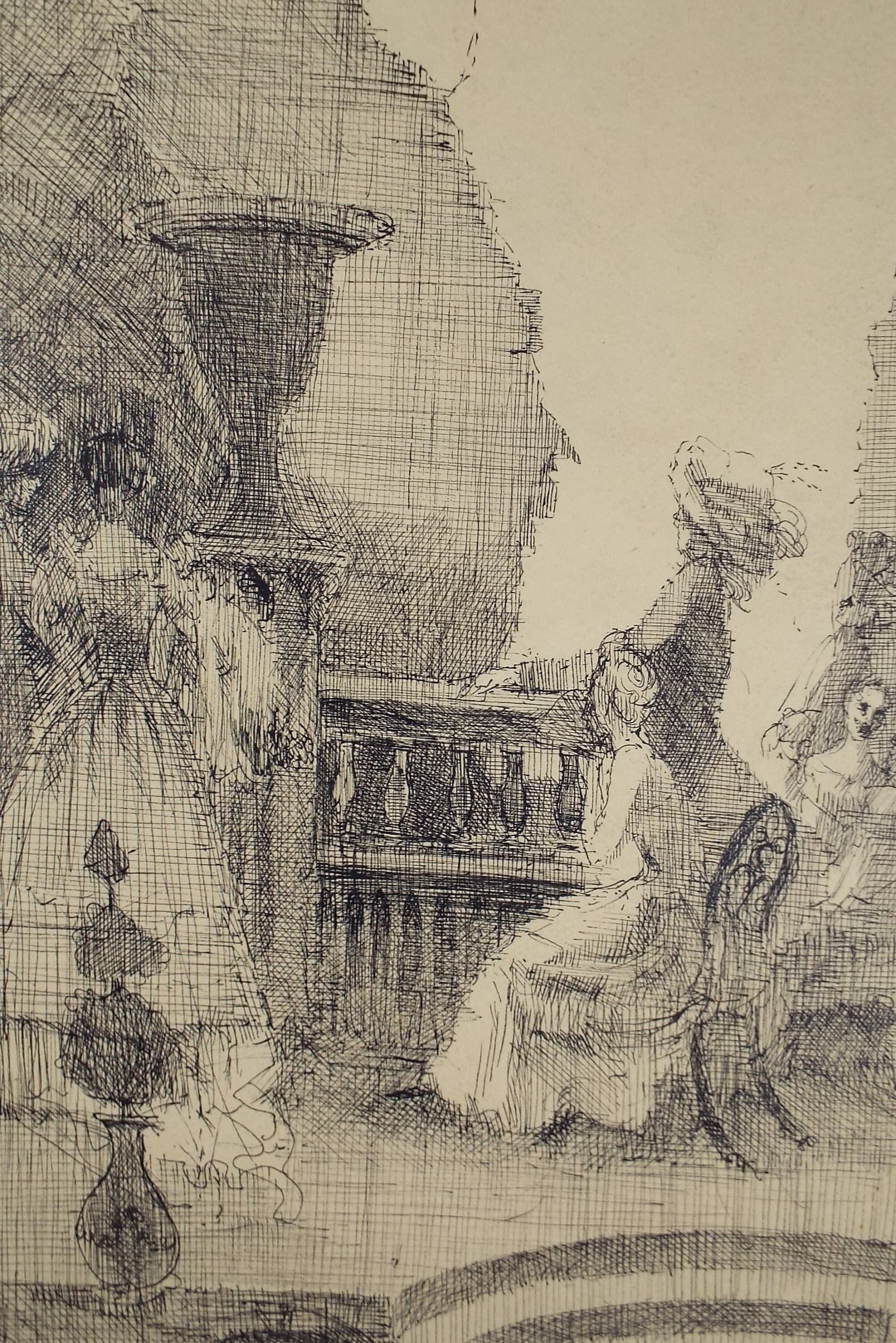 Original Pen & Ink Sketch,'figures on the Terrace',artist Unknown