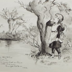 Original Pen & Ink Sketch, &#39;Girl in Woodland&#39;, Dated 1884, Artist Unknown
