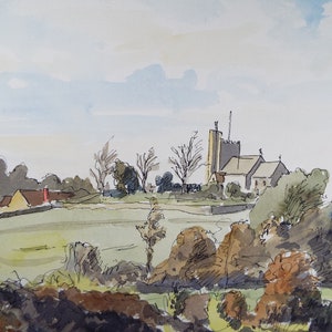 May include: A watercolor painting of a church in a rural setting. The church is a light brown color with a tall steeple. There are trees and a small house in the foreground.
