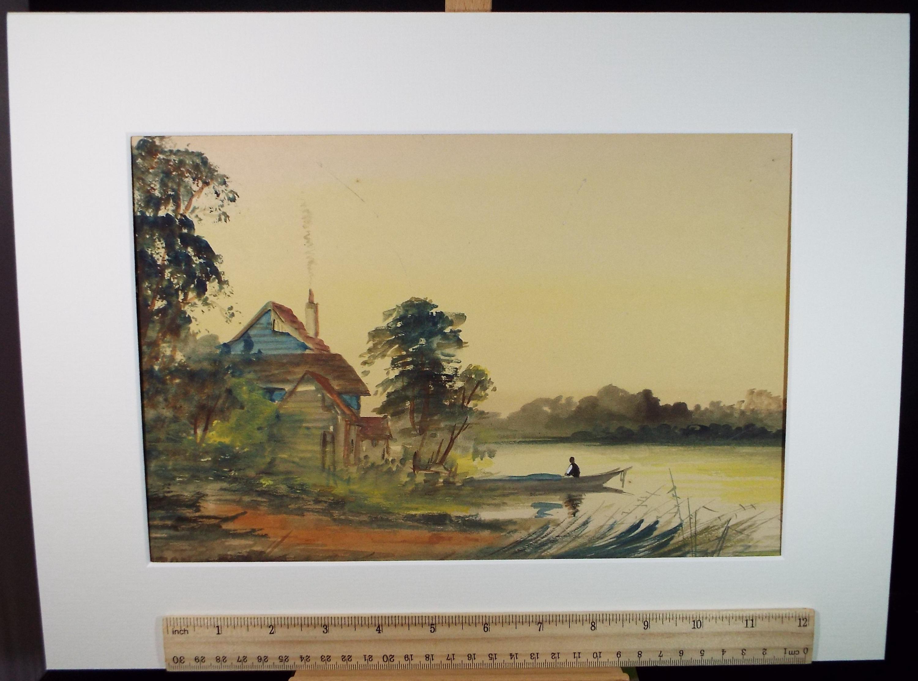 水彩画　夕暮れの川辺のチューリップ　値段は※900円です オリジナル水彩画、「夕暮れの川辺」、作者不明、1920 年代頃 - Etsy 日本