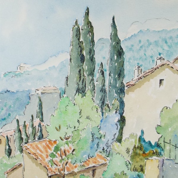 Original Watercolour & ink, 'Villeneuve', Cicely Glyn de Beers (1891-1973), Dated 1964