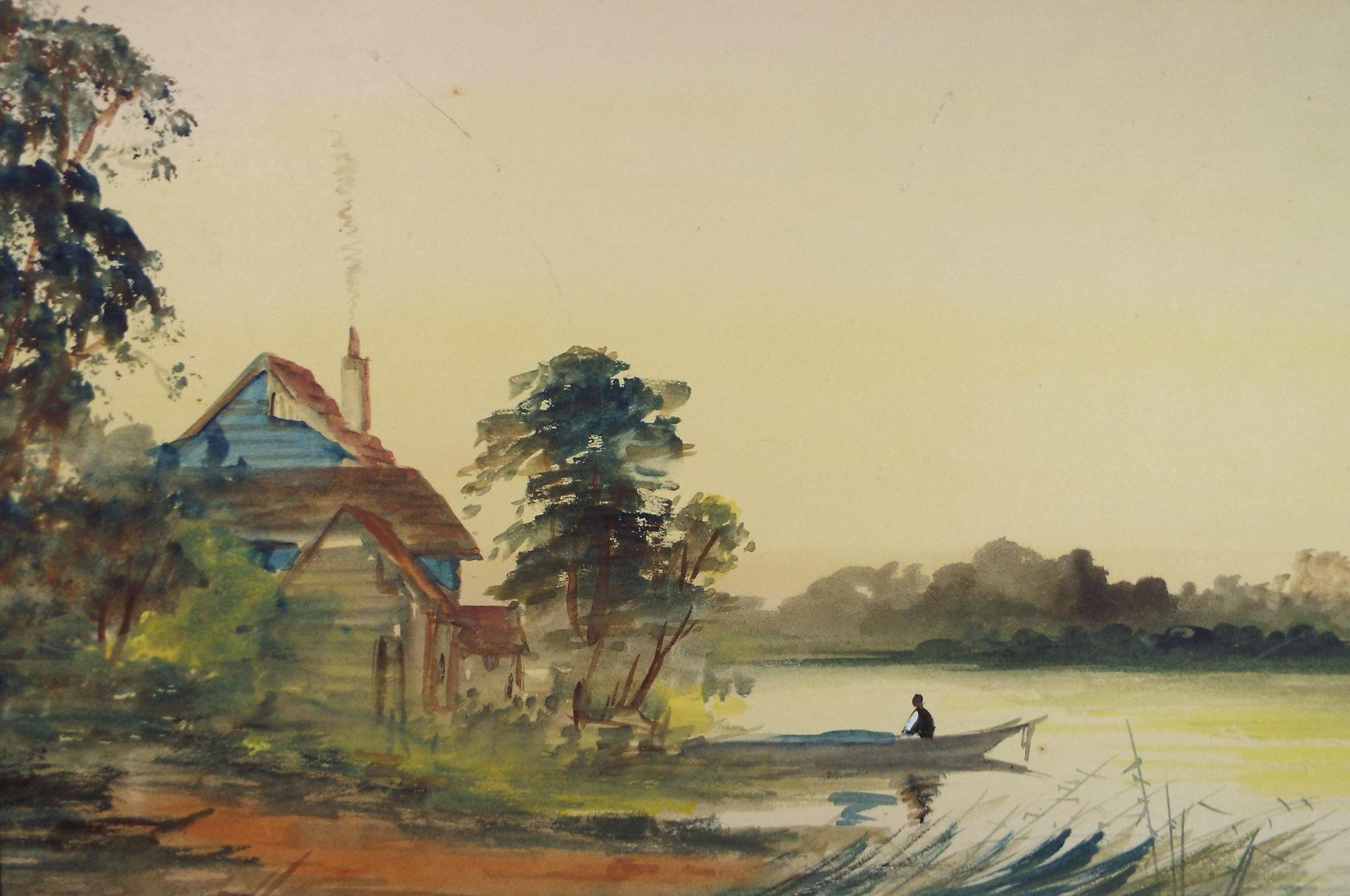 水彩画　夕暮れの川辺のチューリップ　値段は※900円です オリジナル水彩画、「夕暮れの川辺」、作者不明、1920 年代頃 - Etsy 日本
