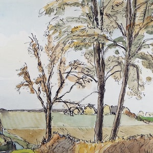 May include: A watercolor painting of a rural landscape with three trees in the foreground. The trees are drawn in brown and black ink, with hints of green and yellow watercolor. The background shows a field with a winding path leading to a distant village.