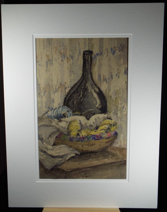 1930年代の静物画：木炭と水彩、瓶とクロワッサン - Etsy 日本