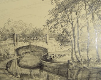 Original Pencil Drawing, 'Bridge over the Canal', Circa 1920's, Nan C. Livingstone (1876-1952)