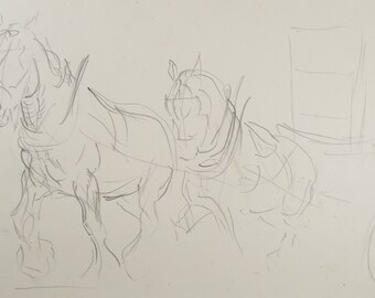 Original Pencil Sketch,'Study of Heavy horses', Helen Collins (1921-1990), circa 1938/9