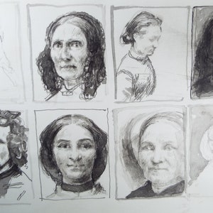 May include: A collection of eight black and white ink drawings of women's faces. The drawings are in various styles and feature different facial expressions.