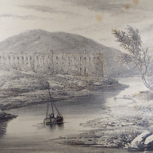 オリジナルの鉛筆画、「ボルトン修道院」、ジョン・カート・バージェス (1798-1863)、1831 年