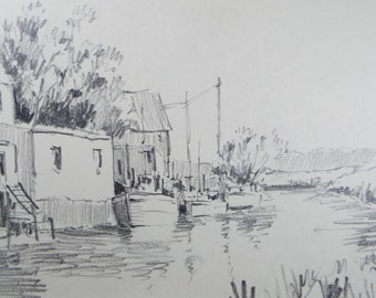 Original Pencil Drawing, &#39;River with moored boats&#39;, circa 1990&#39;s , Artist Unknown