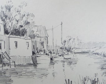 Original Pencil Drawing, 'River with moored boats', circa 1990's , Artist Unknown