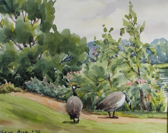Original Watercolour, 'Canada Geese at Kew', George Godfrey, Dated 1978