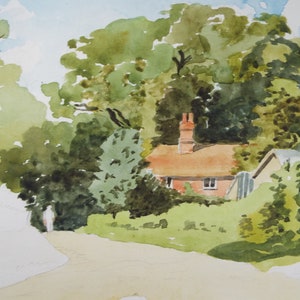 May include: A watercolor painting of a small cottage with a red brick facade and a brown roof. The cottage is surrounded by lush green trees and bushes. A dirt road leads to the cottage, and the sky is a light blue.