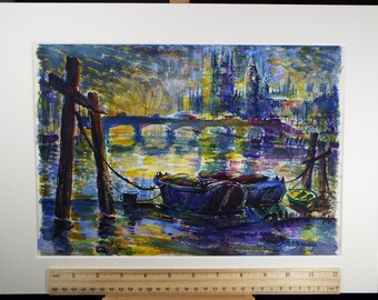 オリジナル水彩画、「係留された船」、マイケル A. バッシー (1930